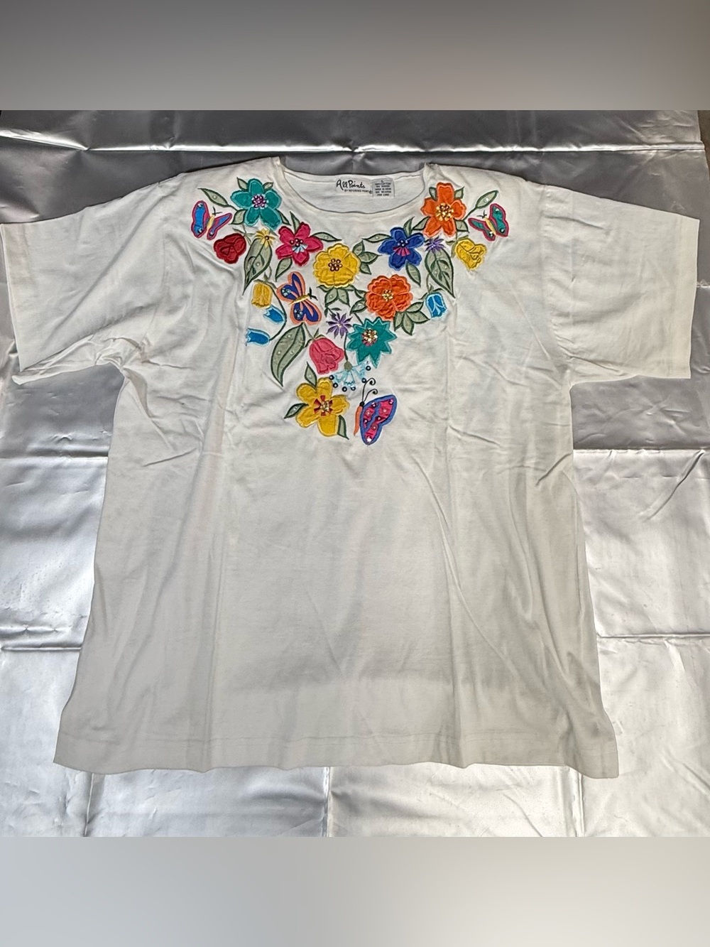 Alfred Dunner White Short Sleeve Tee with Colorful Floral & Butterfly Embroidery